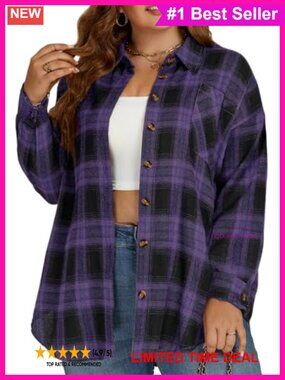 Plus Size Plaid Button Down Shirt Long Sleeve Collared Tunic Blouse